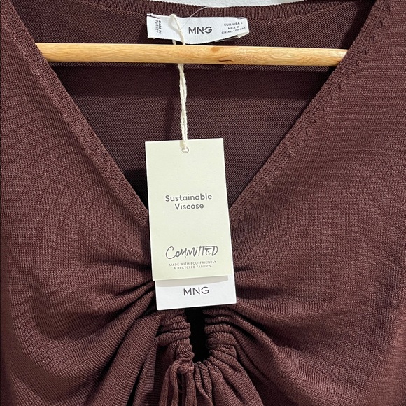 NWT Mango MNG Women’s Knit Top Large Chocolate Brown Tie Front Cardigan Cropped - Picture 6 of 8